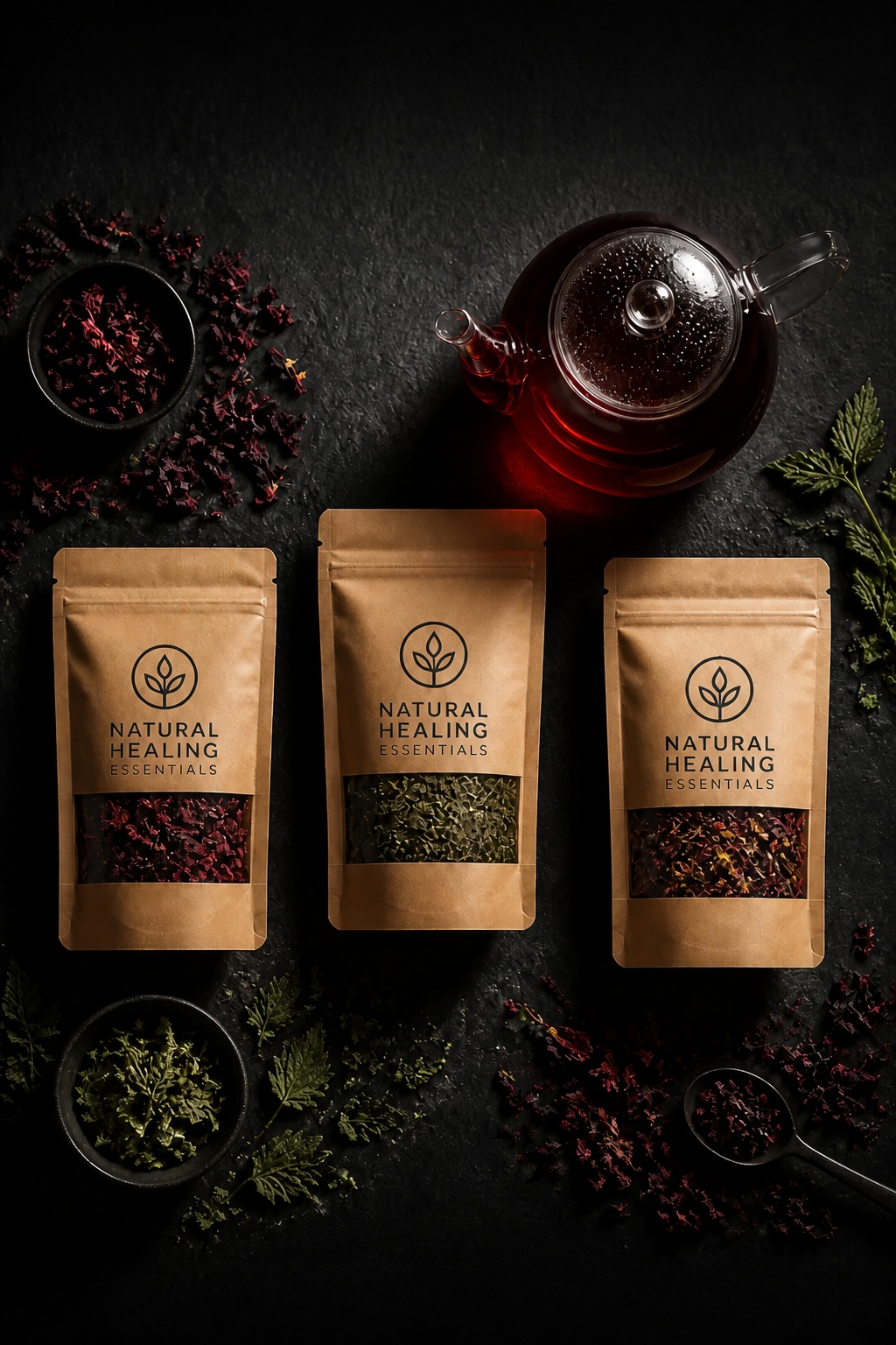 Natural Healing Essentials herbal pouches on slate